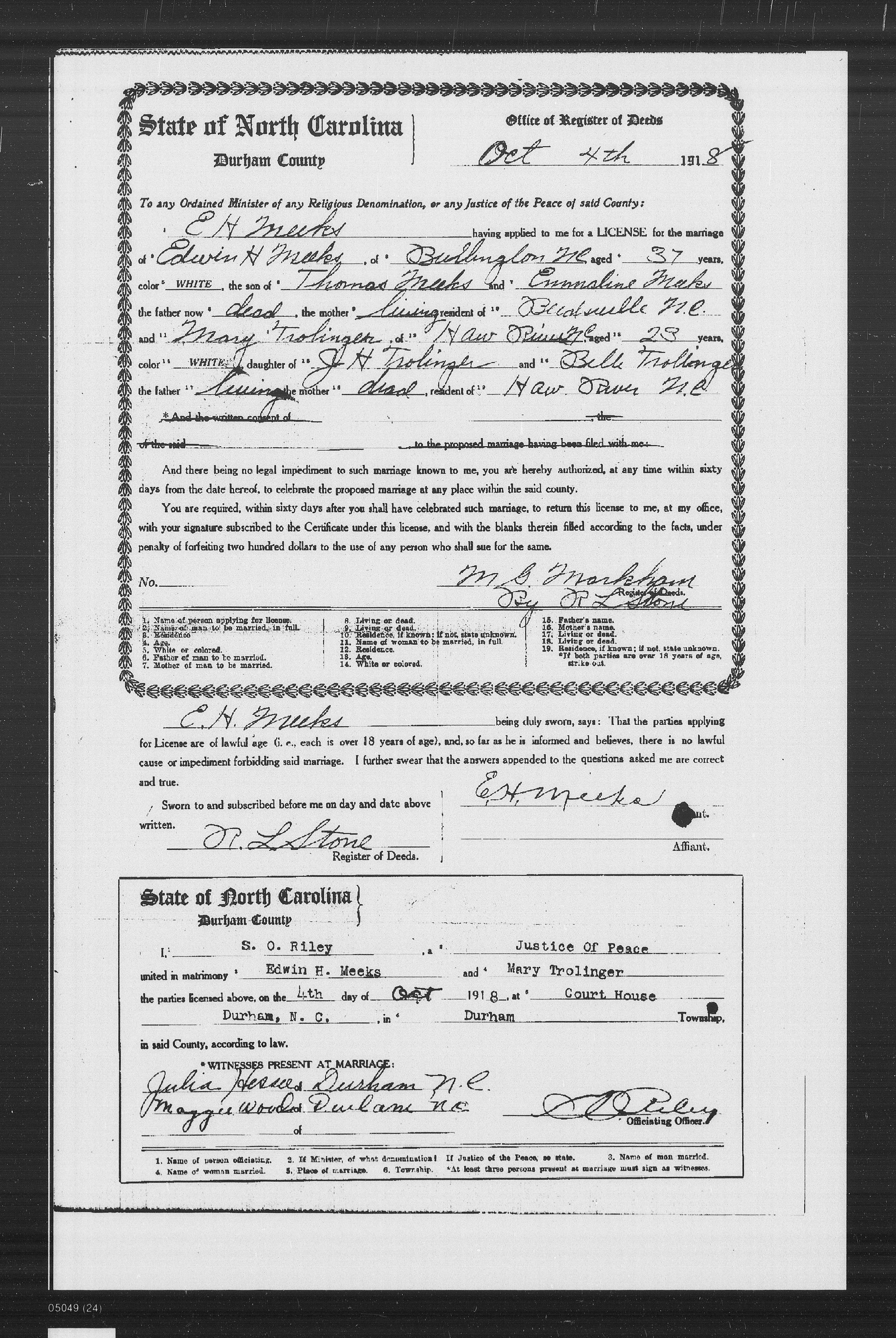 John Franklin Drollinger Marriage License